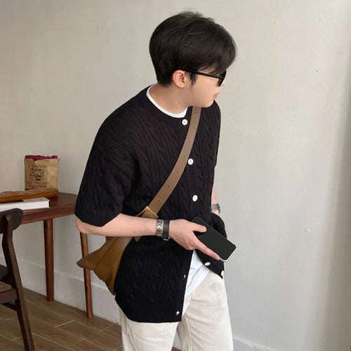 Load image into Gallery viewer, Korean Style Men&#39;s Cardigan Casual Knitted Round Neck Tops Short Sleeve Single Brteasted Solid Color Loose  Sweater 9C6496
