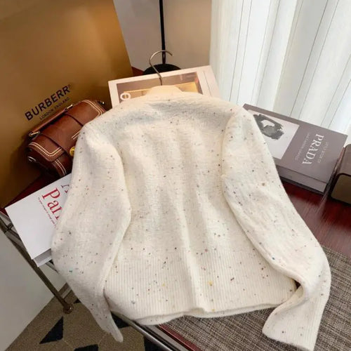 Load image into Gallery viewer, Korean Simple White V-neck Single-breasted Knitted Sweater 2024 Women Pink Sweet Ruffles Bow Cardigan Tops Vintage Autumn Winter
