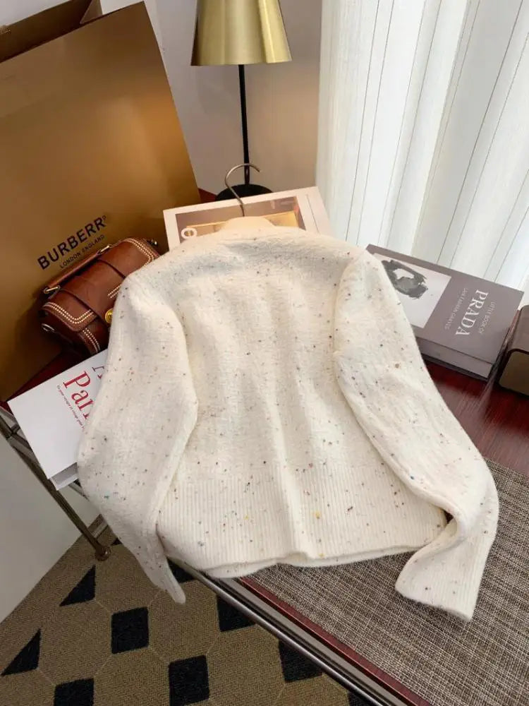 Korean Simple White V-neck Single-breasted Knitted Sweater 2024 Women Pink Sweet Ruffles Bow Cardigan Tops Vintage Autumn Winter