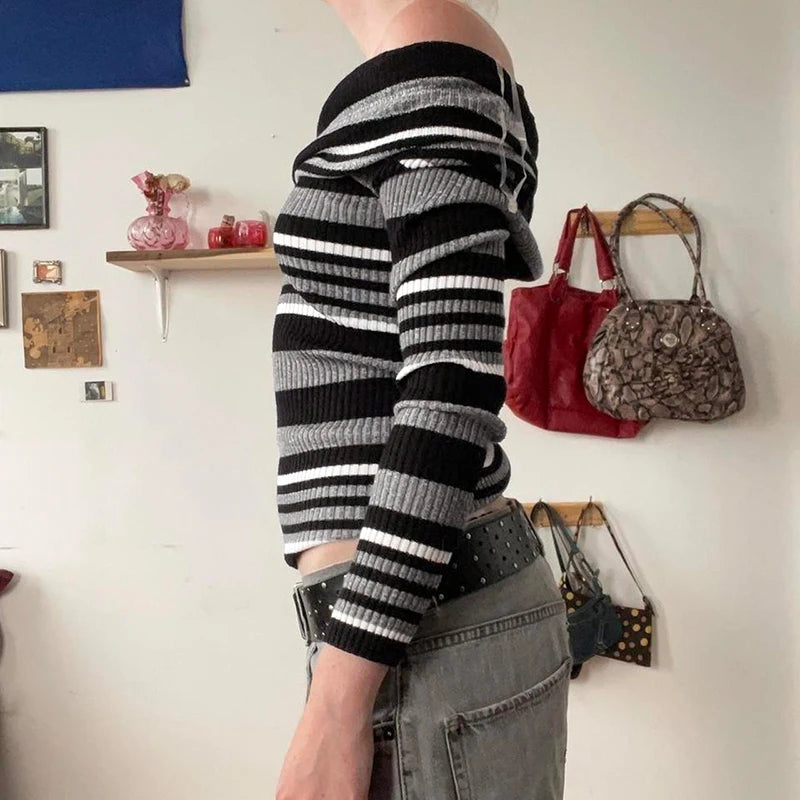 Vintage Fashion Stripe Women Sweaters Knitwears Off Shoulder Pullover Slim Tierred Gothic Autumn Jumpers Knitted Chic