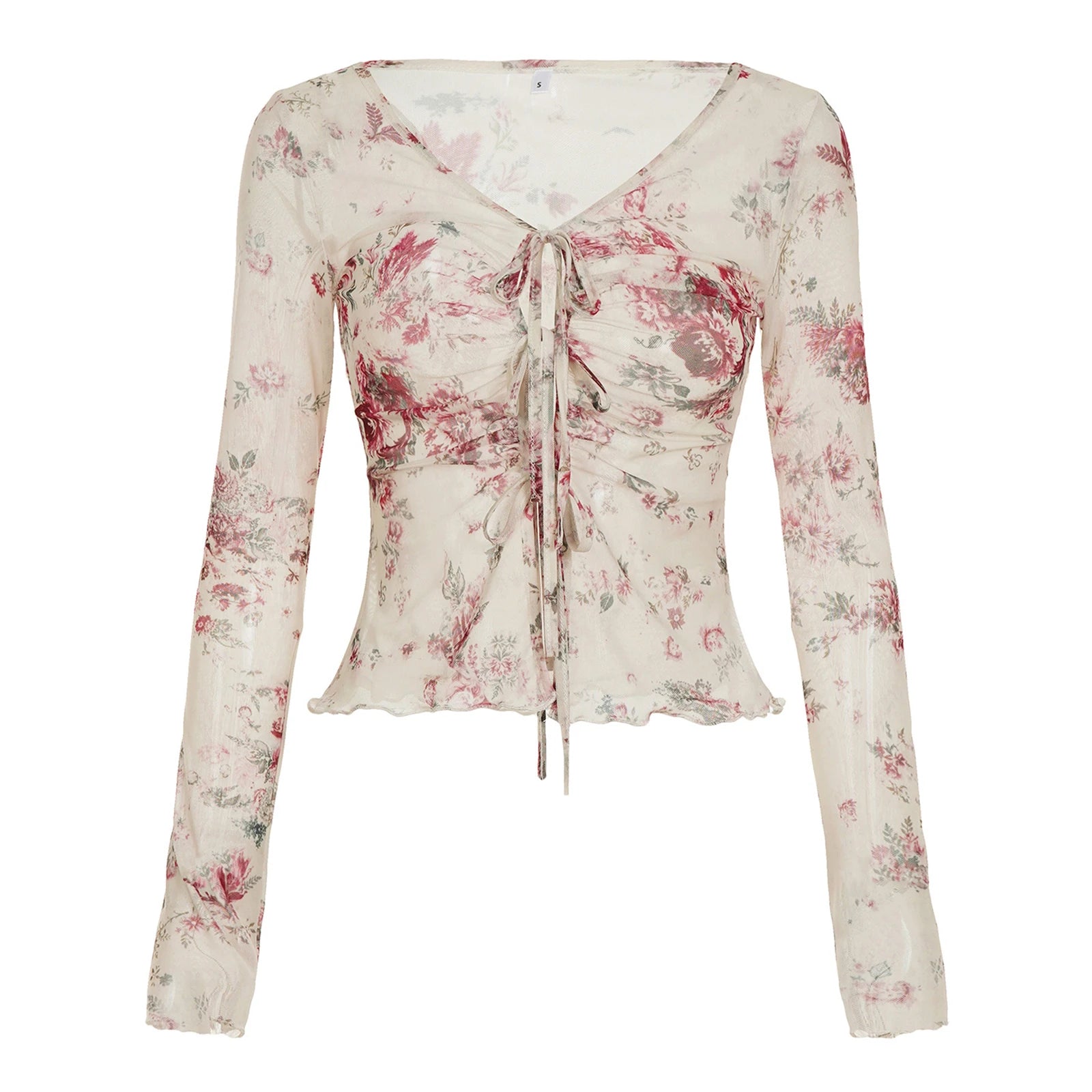 Fairy Grunge Top y2k Women Retro Floral Print Tie-up Front V Neck Long Sleeve Ruffle T Shirt 2000s Clothing Streetwear