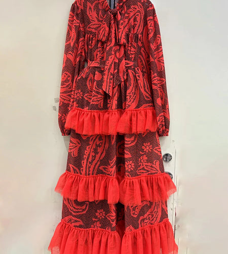 Hit Color Spliced Ruffles Dresses For Women O Neck Long Sleeve High Waist Temperament Long Dress Female Fashion New