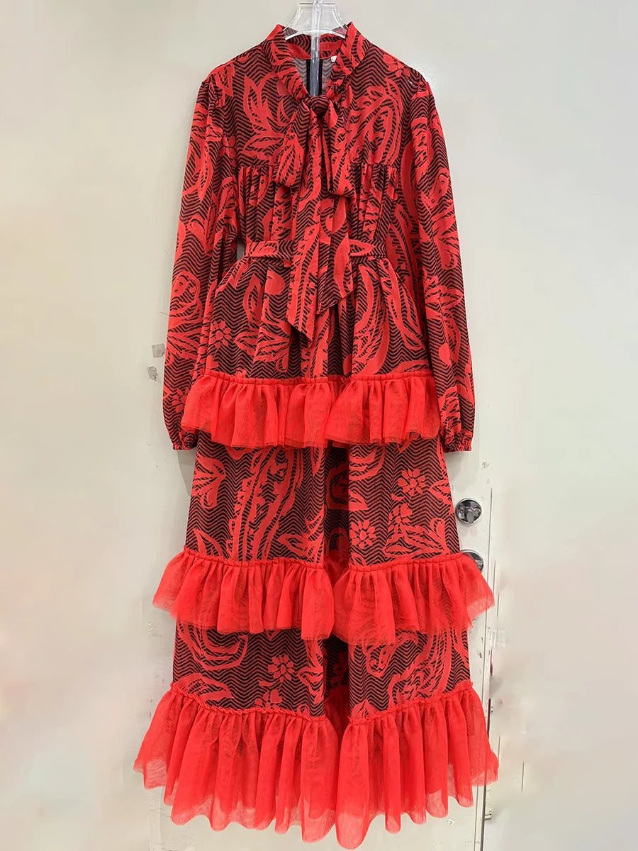 Hit Color Spliced Ruffles Dresses For Women O Neck Long Sleeve High Waist Temperament Long Dress Female Fashion New