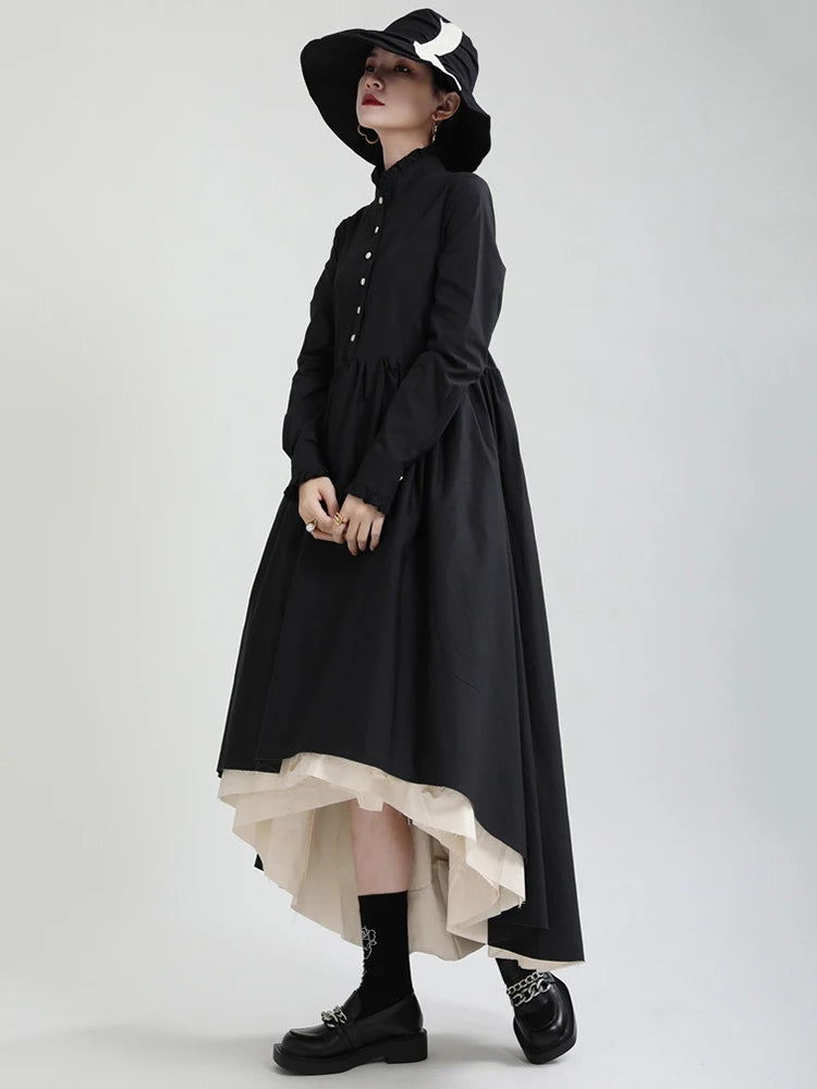 Women Black Layers Irregular Long Elegant Dress New Stand Collar Long Sleeve Fashion Tide Spring Autumn 2025 1DH9894
