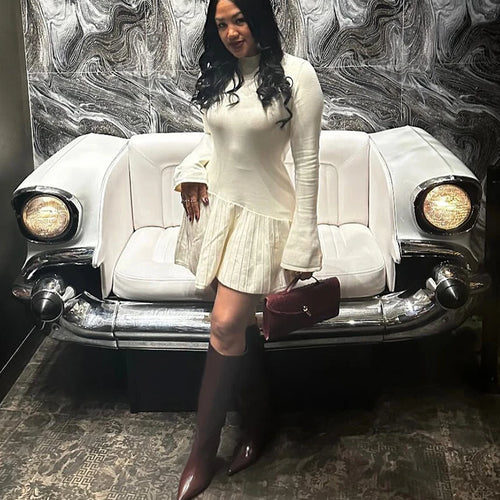 Load image into Gallery viewer, Half High Collar Long Sleeve Knit Mini Dress For Women Autumn Winter New Solid High Waist Pleated Knit Sweater Dress
