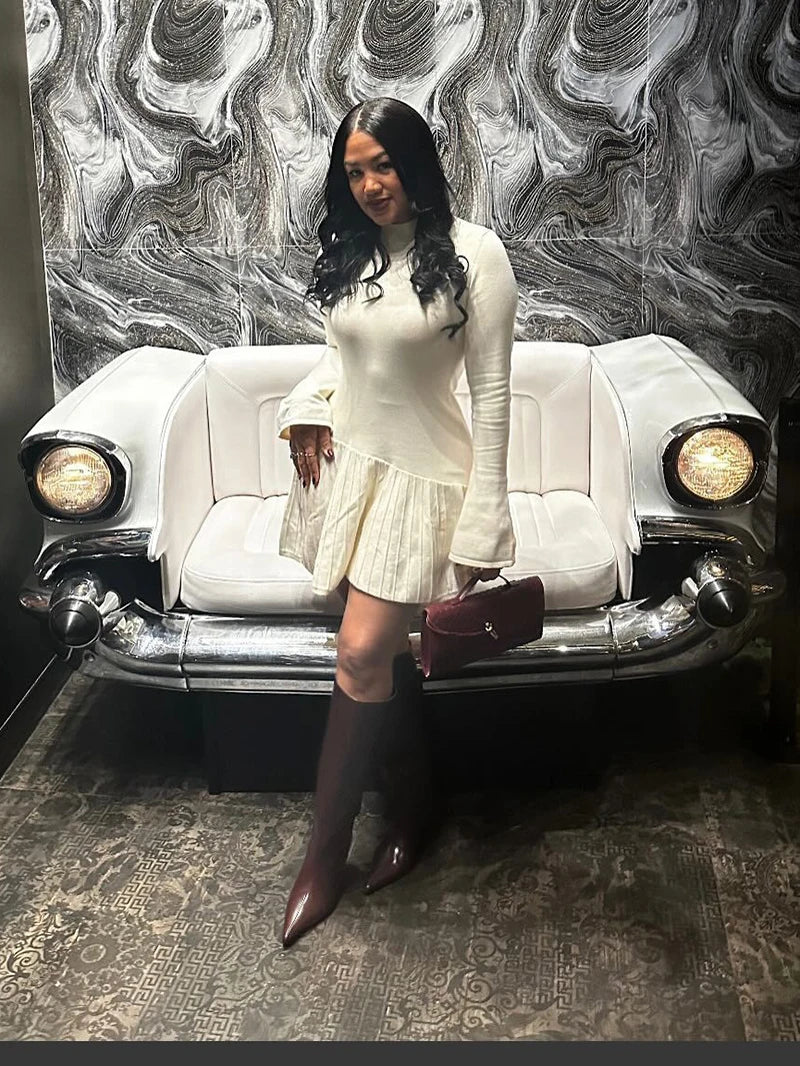 Half High Collar Long Sleeve Knit Mini Dress For Women Autumn Winter New Solid High Waist Pleated Knit Sweater Dress