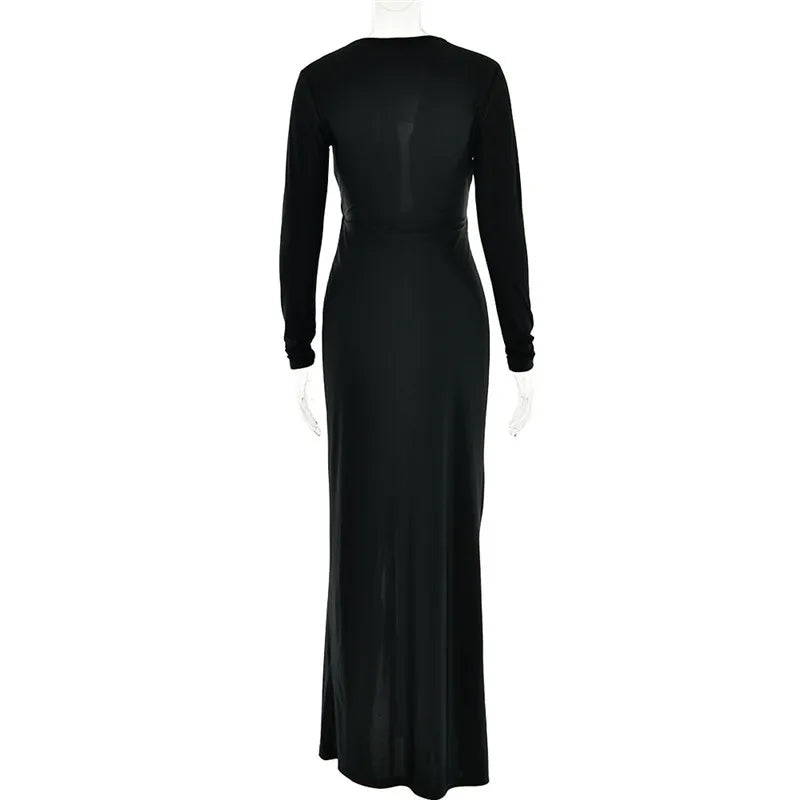 Deep V Neck Long Sleeve Split Maxi Dress Women Elegant Clubwear 2023 Autumn New Bodycon Ruched Sexy Long Dress