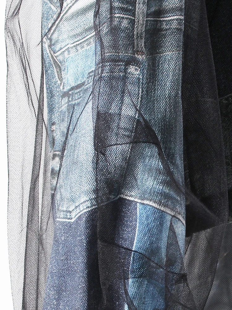 Blue Denim Printed Mesh Big Size Casual Jacket New Lapel Long Sleeve Women Coat Fashion Tide Spring Autumn 2025 7AB9030