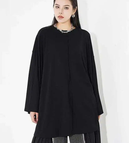 Women Black Big Size Brief Casual T-shirt New Round Neck Long Batwing Sleeve Fashion Tide Spring Autumn 2025 1DH5081