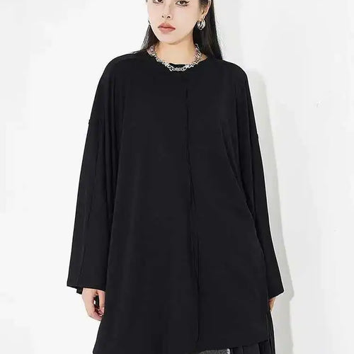 Load image into Gallery viewer, Women Black Big Size Brief Casual T-shirt New Round Neck Long Batwing Sleeve Fashion Tide Spring Autumn 2025 1DH5081
