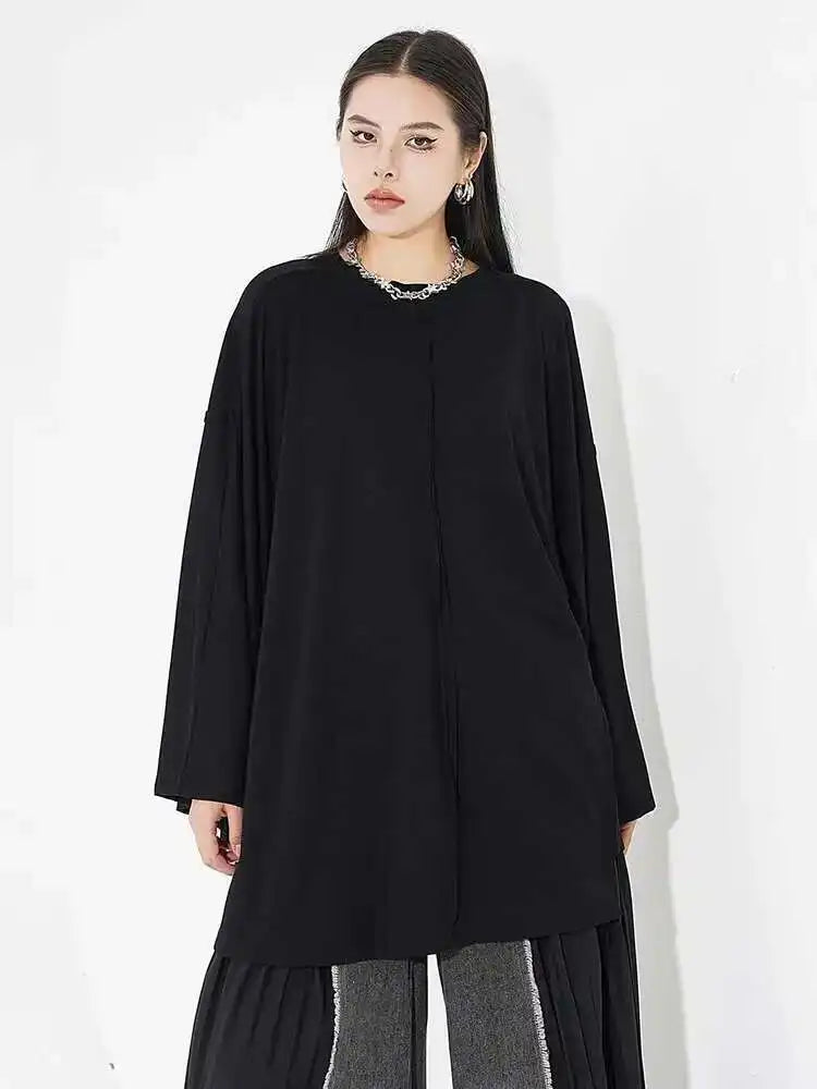 Women Black Big Size Brief Casual T-shirt New Round Neck Long Batwing Sleeve Fashion Tide Spring Autumn 2025 1DH5081