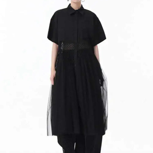 Load image into Gallery viewer, Women White Mesh Color-block Big Size Midi Shirt Dress New Lapel Short Sleeve Fashion Tide Spring Summer 2025 1DJ0045
