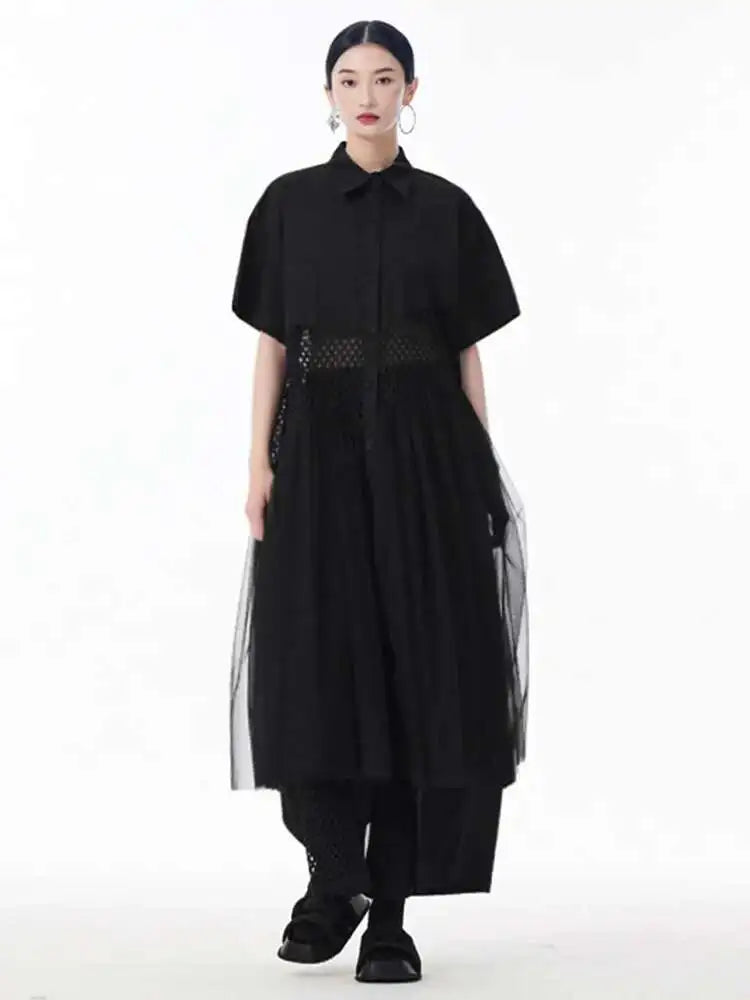 Women White Mesh Color-block Big Size Midi Shirt Dress New Lapel Short Sleeve Fashion Tide Spring Summer 2025 1DJ0045