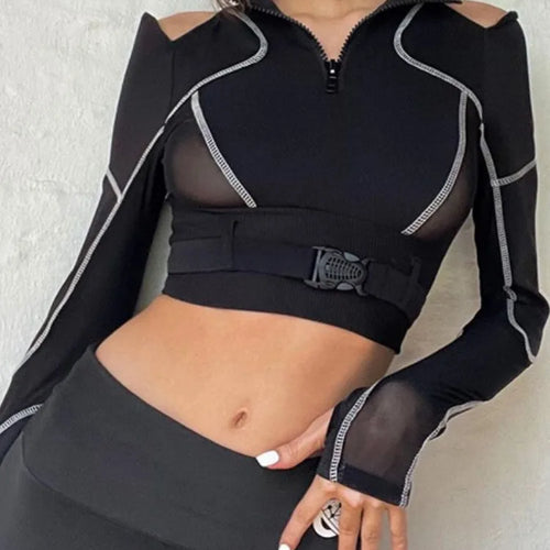 Load image into Gallery viewer, Grunge Patchwork Gauze Harajuku Crop Tops Women Y2k Aesthetic Zipper Slim Fit Tees Streetwear Vintage Fairy Hollow Out T-shirts
