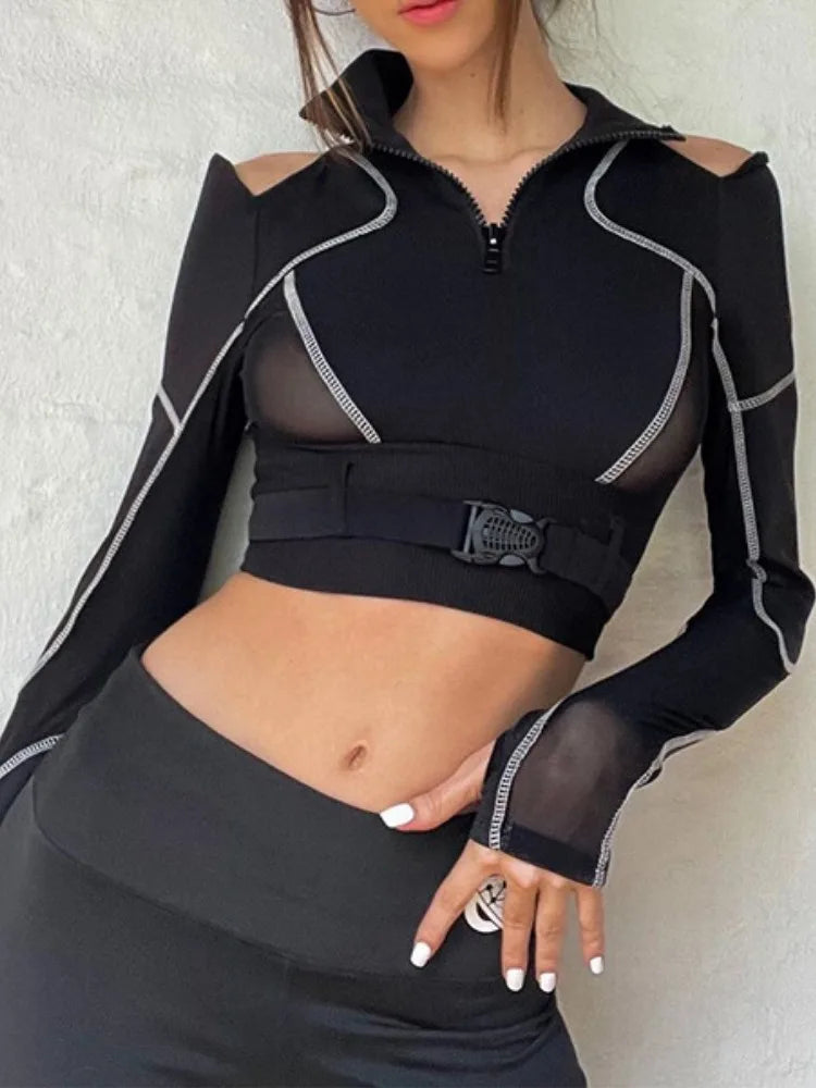 Grunge Patchwork Gauze Harajuku Crop Tops Women Y2k Aesthetic Zipper Slim Fit Tees Streetwear Vintage Fairy Hollow Out T-shirts