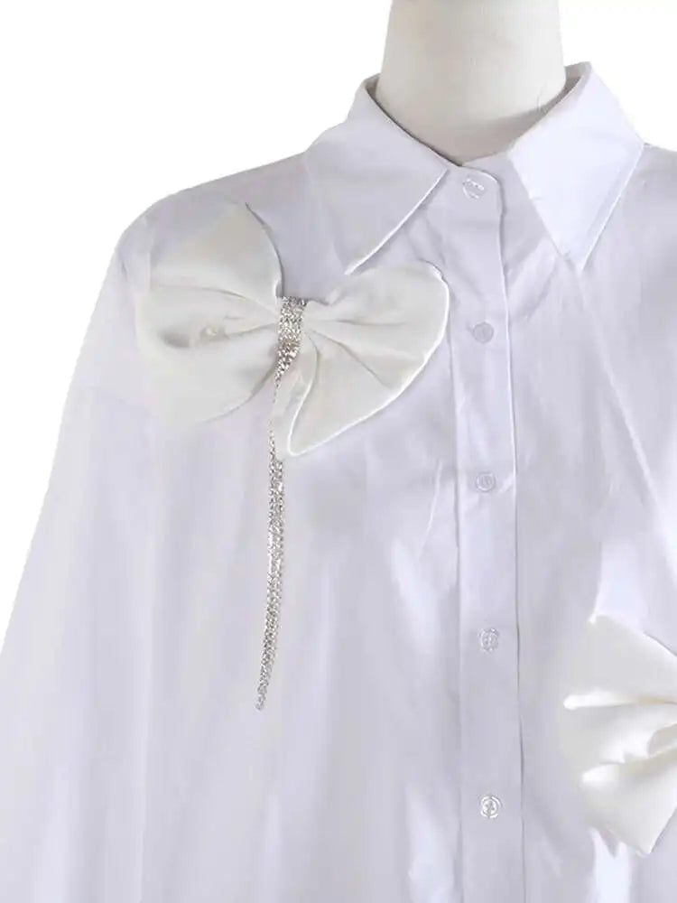 Women White Three-Dimensional Butterfly Bow Big Size Blouse New Lapel Long Sleeve Shirt Fashion Spring Autumn 2025 1DJ0005