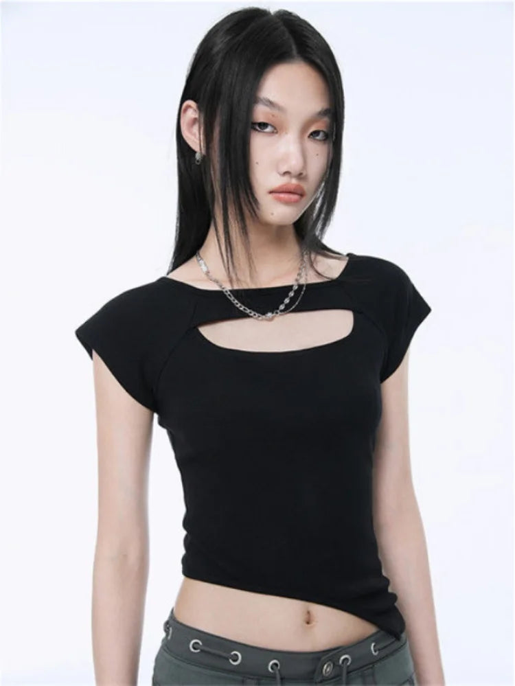Fake Two Piece Halter Bandage Vest Women Summer Korean Fashion Crop Top Y2k Aesthetic Solid Tee Shirt Femme Hollow Out Camisetas