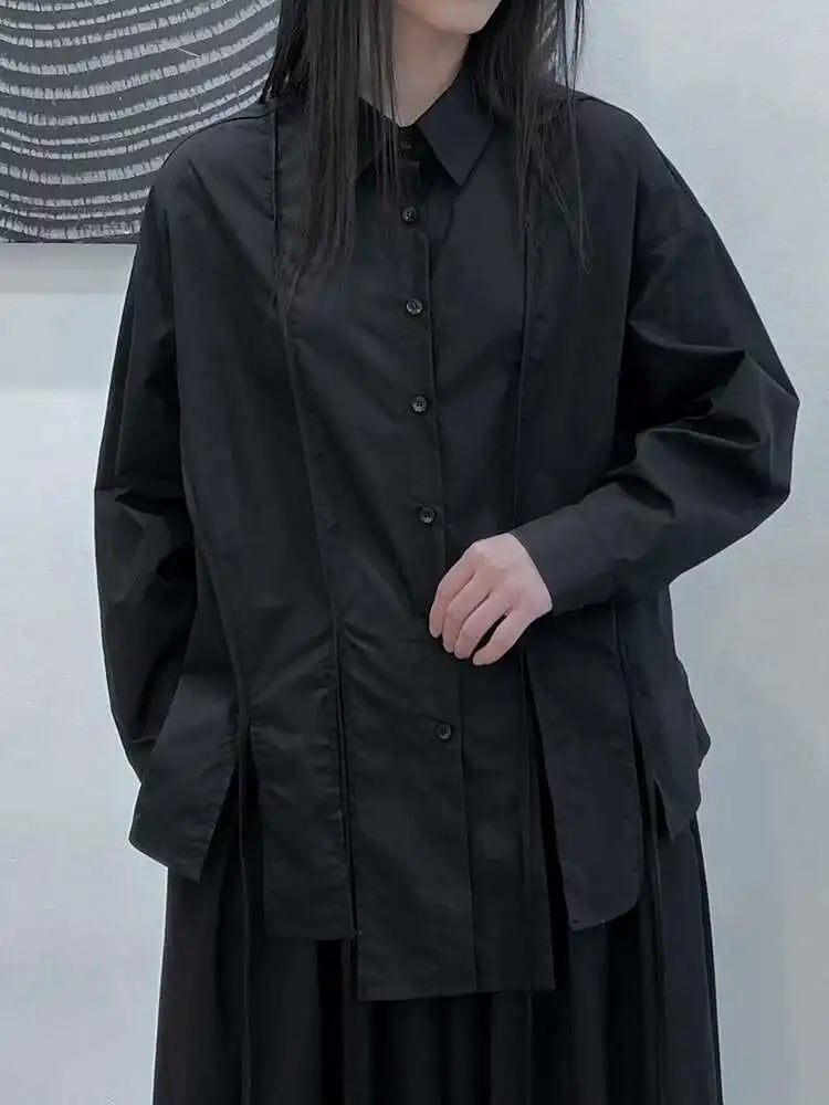 Women Black Irregular Slit Hem Big Size Casual Blouse New Lapel Long Sleeve Shirt Fashion Tide Spring Autumn 2025 1DH5095