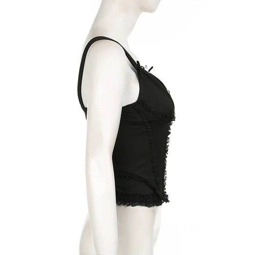 Load image into Gallery viewer, Fashion Chic Frill Black Corset Top Camisole Bow Buttons Lace Spliced Ruched Sexy Party Tops Sleeveless French Tanks
