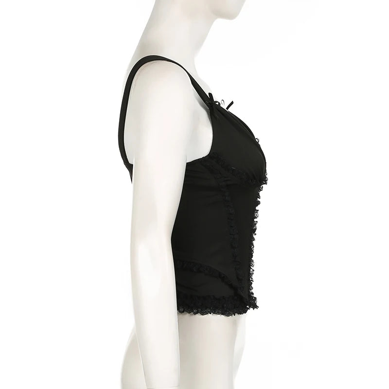 Fashion Chic Frill Black Corset Top Camisole Bow Buttons Lace Spliced Ruched Sexy Party Tops Sleeveless French Tanks