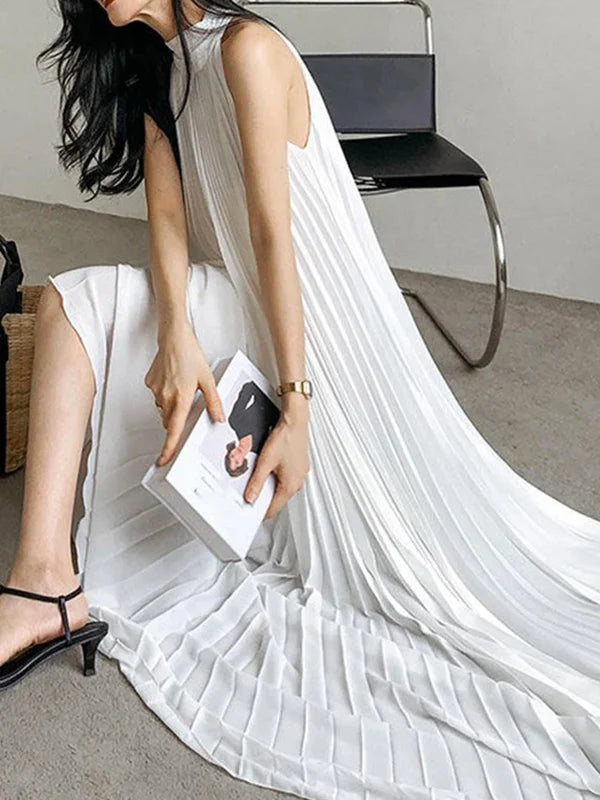 Summer Women Elegant Pleated Dresses Holiday Cocktail Party Birthday Halter Neck A-line Long White Dresses Woman