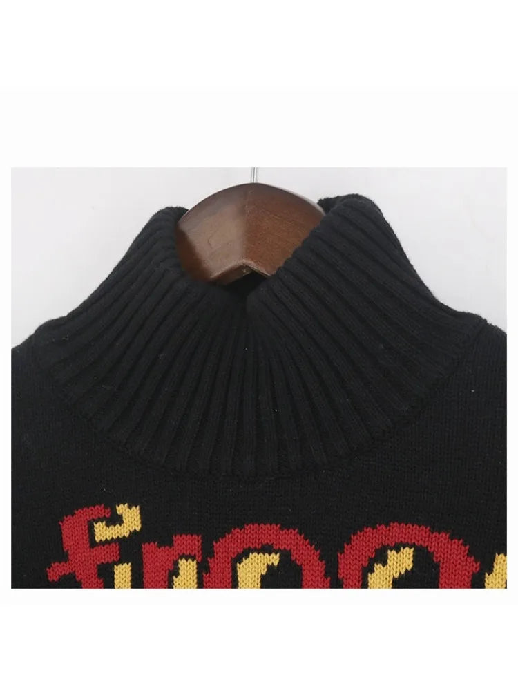 Women's Cartoon Forg Embroidery Knitted Sweaters 2023 Winter Thick Warm Vintage Jacquard Sweater Knit Pullovers