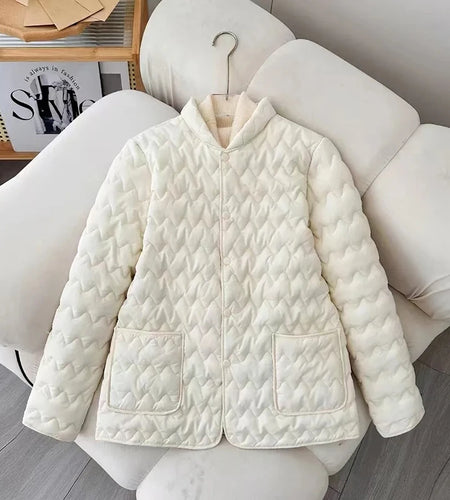 Korean Women Black White Long Sleeve Cotton Coat Fashion 2024 New Autumn Winter Brown Ladies Single Breasted Warm Short Jacket