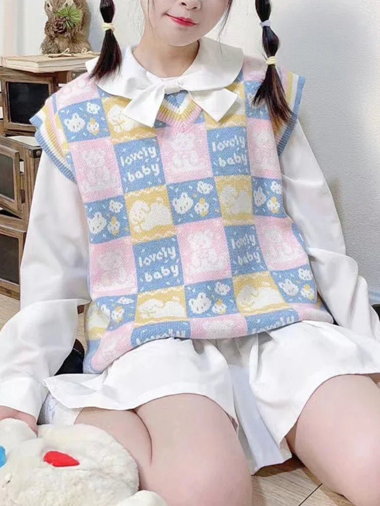 2025 Harajuku Fashion Sweater Vest Outfits Casual Women Cartoon Jacquard Knitted Tanks Vintage All Match Y2k Aesthetic Clothing
