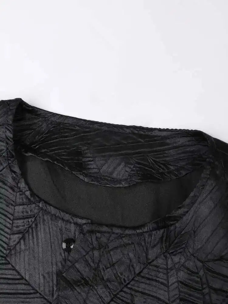 Women Black Pleated Bandage Big Size Blouse New Round Neck Long Sleeve Shirt Fashion Tide Spring Autumn 2025 CPG1142