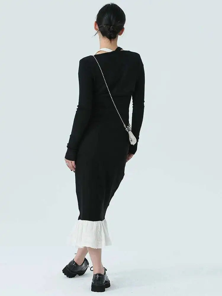 Color-block Knitting T-shirt Half-body Skirt Two Pieces Suit New Round Neck Women Fashion Spring Autumn 2025 1DH4959