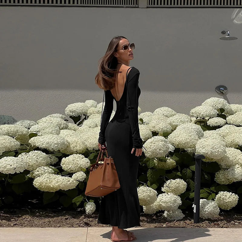 Sexy Long Sleeve Backless Bodycon Maxi Dress Women Slim High Waist Elegant O-neck Holiday Dress Ladies Outfits Autumn