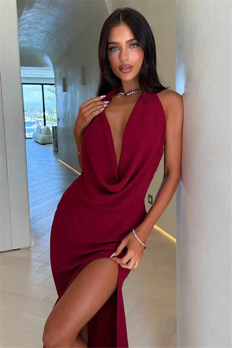 Halter Deep V Neck Sexy Maxi Dress Women Gown Fashion Sleeveless Backless Thigh High Split Bodycon Club Long Dress