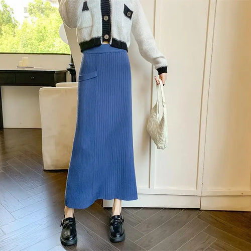 Load image into Gallery viewer, Women Solid Festival Knitted Long Skirt High Waist Slim Autumn Winter Elastic Waist Wrap Hip Split Skirts Fashion Elegant Ladies
