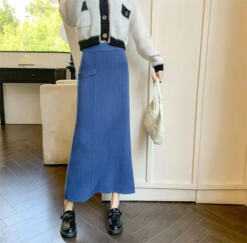 Women Solid Festival Knitted Long Skirt High Waist Slim Autumn Winter Elastic Waist Wrap Hip Split Skirts Fashion Elegant Ladies