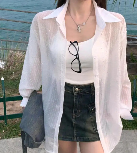 French Solid Five-pointed Star Diamond Elegant Office Lady Shirt Trendy Women Retro Single Breasted Cardigan Blouses Tops Autumn