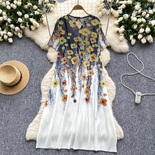 Load image into Gallery viewer, French Retro Women Black Butterfly V Neck Short Sleeved Long Dress Summer White Print Elegant Loose Vacation Pleated Dress Trend
