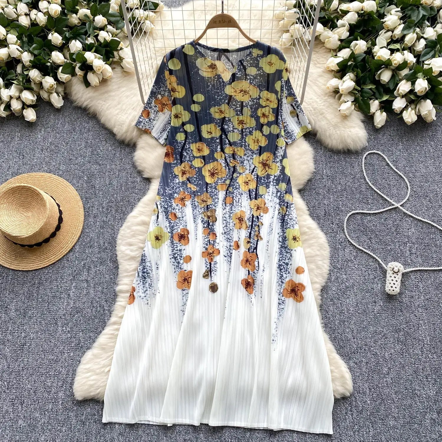 French Retro Women Black Butterfly V Neck Short Sleeved Long Dress Summer White Print Elegant Loose Vacation Pleated Dress Trend