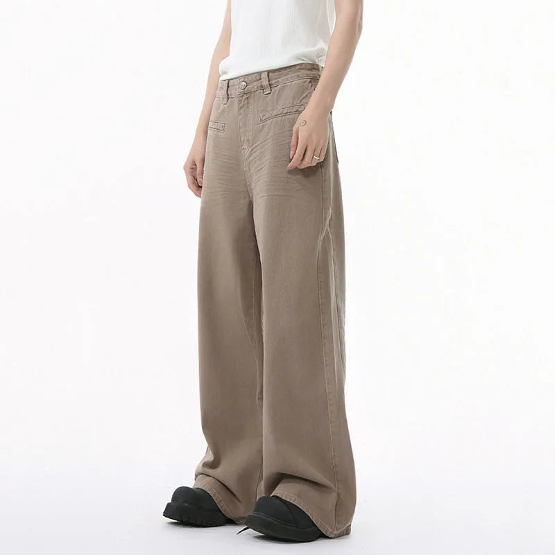 Men's Jeans Personality Pocket Reverse Wear Fold Design Solid Color Straight Wide Leg Denim Pants New Stylish 9W1589
