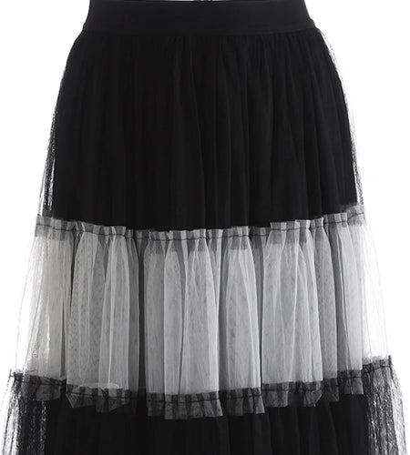 High Elastic Waist Black  White Mesh Color-block A-line Half-body Skirt Women Fashion Tide New Spring Autumn 2025 1DJ1077