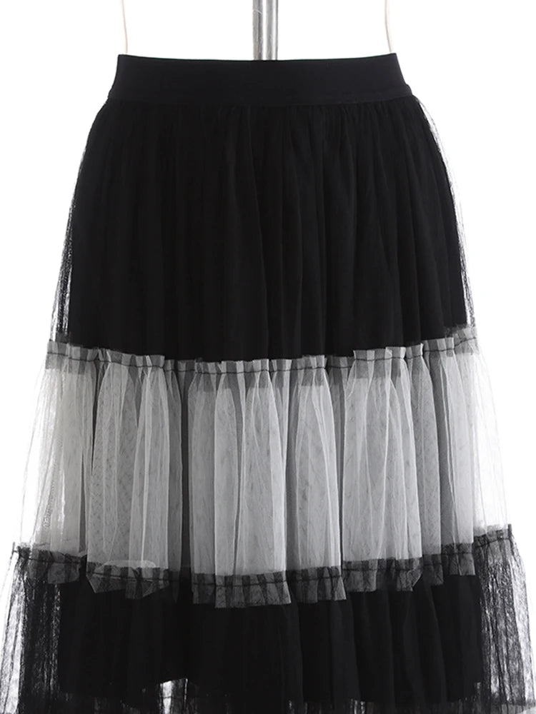 High Elastic Waist Black  White Mesh Color-block A-line Half-body Skirt Women Fashion Tide New Spring Autumn 2025 1DJ1077