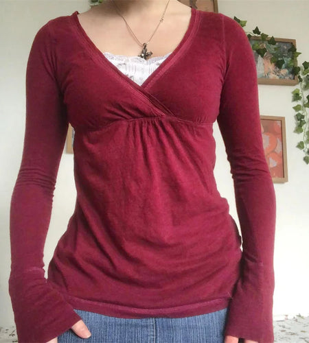 y2k Tops for Women Grunge Fairy Clothes Solid Color V Neck Long Sleeve T Shirt 2000s Coquette Clothing Streetwear