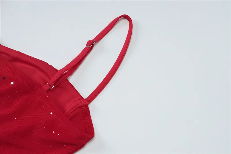 Spaghetti Strap Ruffled Sexy Mini Dress For Women Red Fashion Sleeveless Backless High Waist A-line Club Party Dress