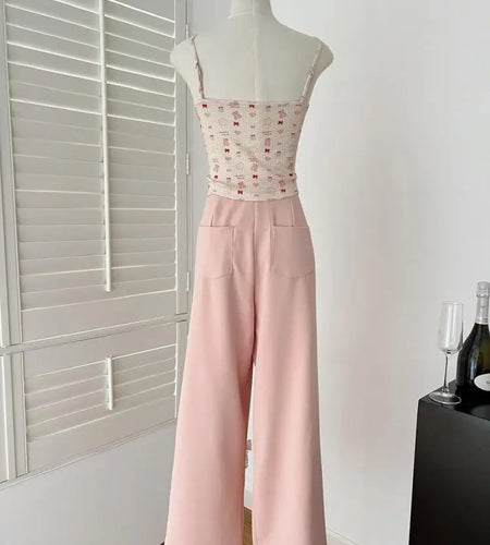 Summer Women Pink Print Patchwork Lace Elegant Sexy Holiday Sleeveless Bow Tops And High Waist  Wide Leg Pant Two Piece Set 2025