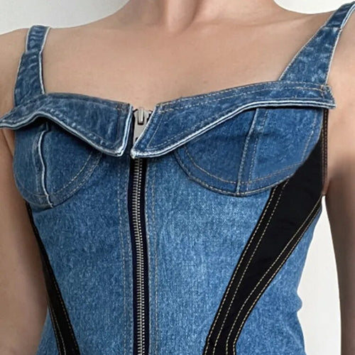 Load image into Gallery viewer, Hit Color Denim Tank Top For Women Square Collar Sleeveless Slimming Patchwork Zipper Sexy Vest Female Fashion
