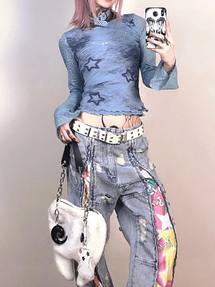 Y2k Aesthetic Leopard Patchwork Tshirts Women Harajuku Gothic Punk Basic T-shirt Streetwear Diamond Bottoming Tee Shirts Femme