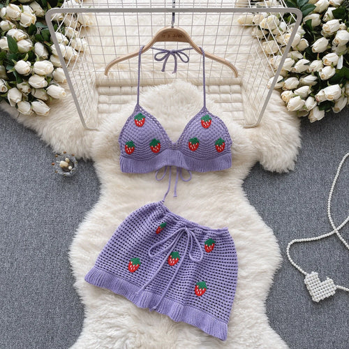 Load image into Gallery viewer, Strawberry Sweet Beach Two Pieces Sets Halter Backless Camis+Short Skirts Fashion Hook Flower Hollow Out Beach Suits
