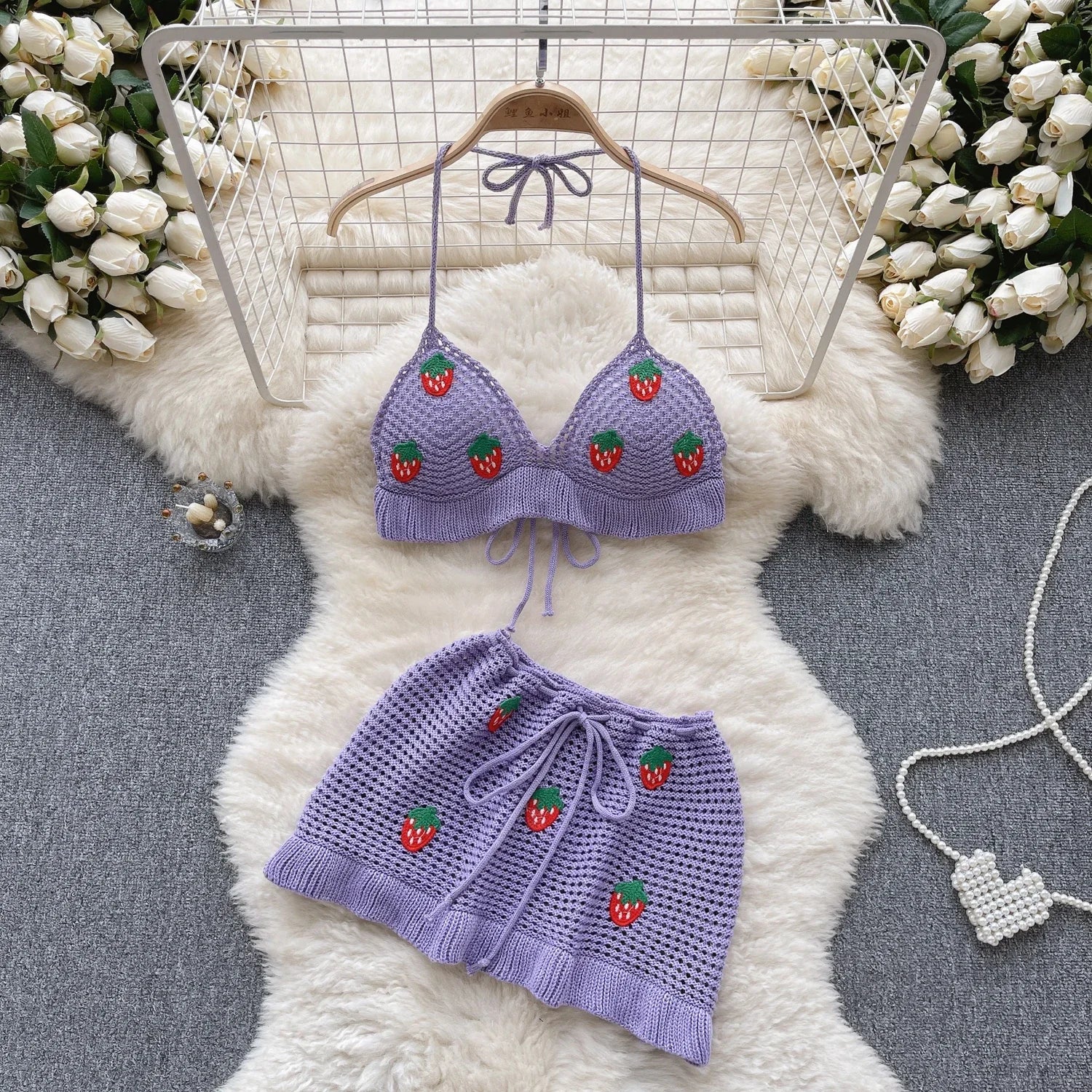 Strawberry Sweet Beach Two Pieces Sets Halter Backless Camis+Short Skirts Fashion Hook Flower Hollow Out Beach Suits