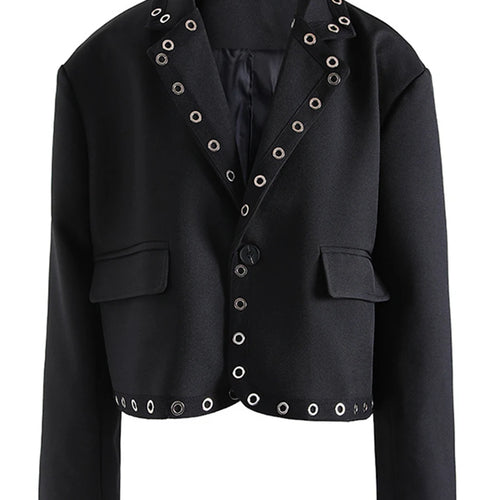 Load image into Gallery viewer, Solid Slimming Spliced Metal Ring Fashion Jackets for Women Lapel Long Sleeves Patchwork Button Jacket Female New
