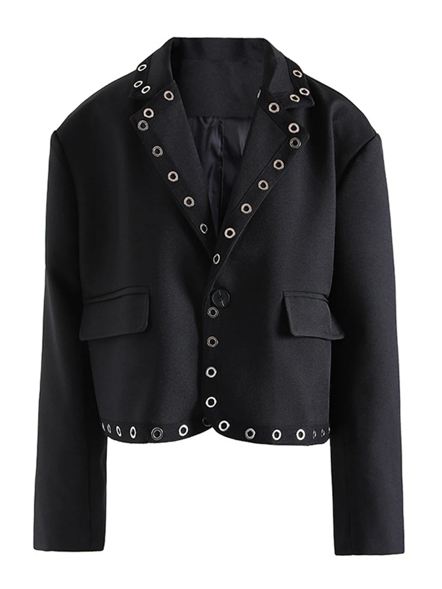 Solid Slimming Spliced Metal Ring Fashion Jackets for Women Lapel Long Sleeves Patchwork Button Jacket Female New