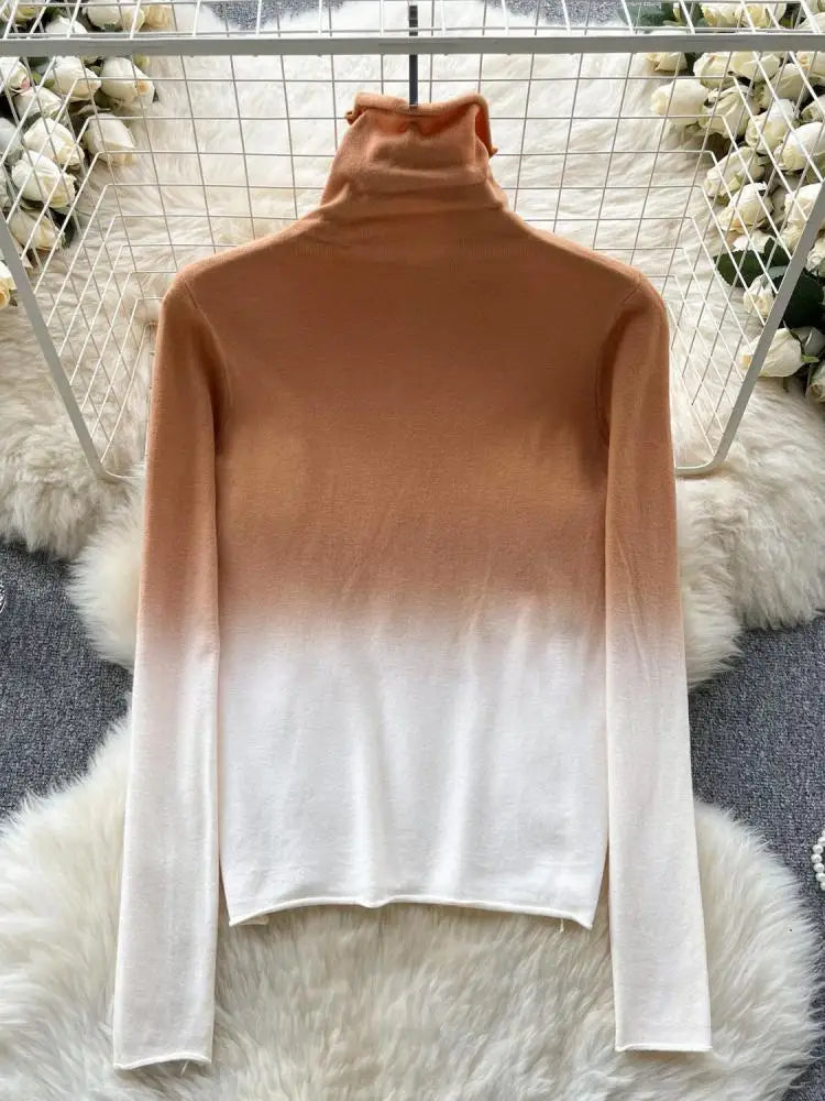 Women Vintage Elegant Long Sleeved Gradual Knitted Sweater Female Autumn New Turtleneck Slim Pullover Tops Fashion Versatile Y2k
